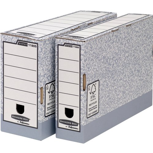 This Bankers Box transfer file features time saving Fastfold automatic assembly and a locking tab lid to help keep contents secure. Compatible with Bankers Box system storage boxes and filing units, the transfer file has a large 120mm spine width and can hold both A4 and foolscap documents. This pack contains 10 grey and white transfer files measuring W120 x D360 x H255mm (internal dimensions).