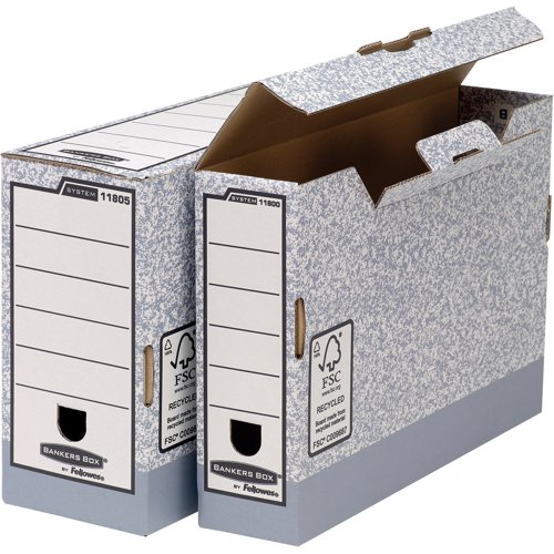 This Bankers Box transfer file features time saving Fastfold automatic assembly and a locking tab lid to help keep contents secure. Compatible with Bankers Box system storage boxes and filing units, the transfer file has a large 120mm spine width and can hold both A4 and foolscap documents. This pack contains 10 grey and white transfer files measuring W120 x D360 x H255mm (internal dimensions).