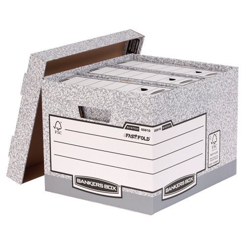 This Bankers Box large storage box features time saving Fastfold automatic assembly and is stackable up to 4 high. The box also features double layered board on the handle panels and base for extra strength. Compatible with Bankers Box 120mm transfer files, this large grey box measures W430 x D380 x H287mm (internal). This pack contains 10 boxes.