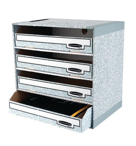 BB0184070 | This Bankers Box file store is a versatile unit, which can be used horizontally or vertically and with or without drawers. With time saving fastfold assembly, the file store is compatible with 80mm transfer files, magazine files, ring binders and lever arch files. The unit is supplied with 4 drawers for optional use and stacks 3 high for space saving use. The grey file store measures W400 x D290 x H400mm (external). This pack contains 5 grey file stores.