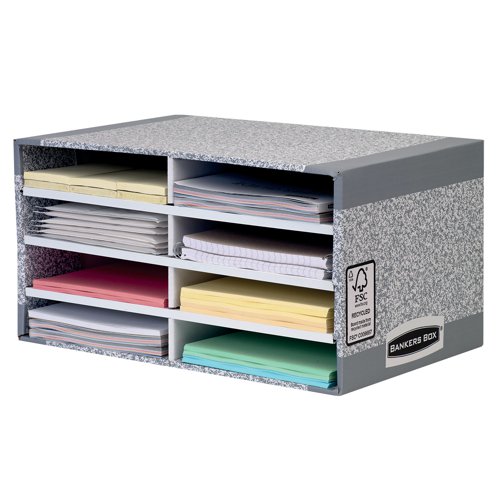 This Bankers Box desktop sorter contains 8 compartments for storage and quick identification of files, documents, mail and more. The outer frame features time saving Fastfold assembly and each compartment has space for a label if required. The unit is also stackable up to 3 high for space saving use. This pack contains 5 desktop sorters measuring W490 x D310 x H260mm (external).