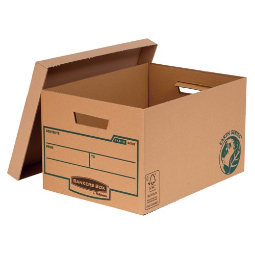 Ideal for long term and archival storage, this environmentally friendly Fellowes Bankers Box is made from 100% recycled board. Double layers of board on the end panels and base provide additional support in, with fold back handles for comfortable carrying. Stackable up to 3 high, this large storage box measures W325 x D445 x H260mm. This pack contains 10 brown storage boxes.