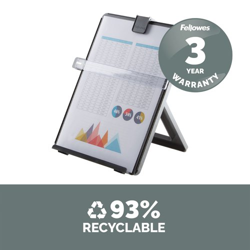 This Fellowes Workstation Document Holder features an easel back, which extends for 2 different angle adjustments and folds flat for storage. The holder also features an adjustable paper clip and a removable line guide, which helps you to keep your place or highlight important information. The Fellowes Workstation holds up to 125 sheets of A4 paper and measures W257.1 x D187.3 x H285.7mm. This pack contains 1 black document holder.