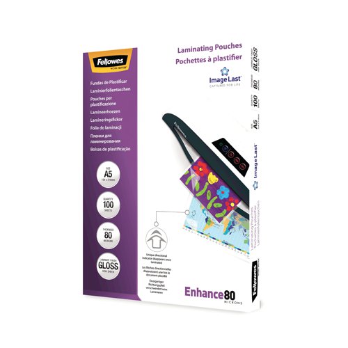 The Fellowes ImageLast A5 Laminating Pouch provides sturdy protection for notices, photos, instructions and frequently handled documents. Keeping them clean and pristine for a professional look and to make sure important notices are always visible and clear. The unique arrow directional quality mark disappears when laminated.