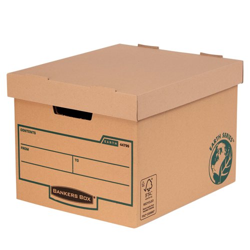 This Fellowes Earth Series heavy duty storage box features a triple layer of board to the end panels and a double layer to sides and base. It comes with reinforced hand holes that resist tearing and make these boxes comfortable to carry. Compatible with transfer files, ring binders, lever arch files and suspension files. The over-sized lid means it can also be used with suspension files. This sturdy, corrugated storage box can also be used to transport files off site or between home and work. These storage boxes are made from certified 100% recycled board and are 100% recyclable. All inks used are water based and adhesives used are solvent free.