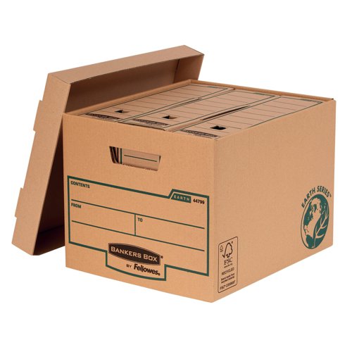 This Fellowes Earth Series heavy duty storage box features a triple layer of board to the end panels and a double layer to sides and base. It comes with reinforced hand holes that resist tearing and make these boxes comfortable to carry. Compatible with transfer files, ring binders, lever arch files and suspension files. The over-sized lid means it can also be used with suspension files. This sturdy, corrugated storage box can also be used to transport files off site or between home and work. These storage boxes are made from certified 100% recycled board and are 100% recyclable. All inks used are water based and adhesives used are solvent free.