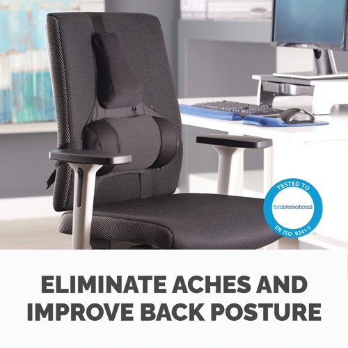 The Fellowes Professional Series Ultimate Back Support helps to reduce tension associated with extended desk work with a two tiered back support system. A mid spinal support with memory foam cushion promotes good posture and a lower lumbar support with three memory foam sections conforms comfortably to the body's natural curvature. Suitable for use on most chairs, this black back support also features a tri-tensioning attachment for a fixed position without the need to re-adjust.