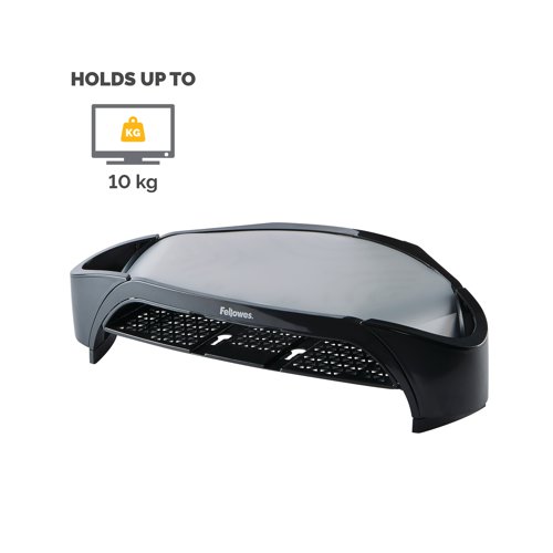 This Fellowes Smart Suites Monitor Riser Plus features 3 height adjustments from 100 - 130mm, as well as a space-saving triangular design. The riser also features a handy letter tray and 2 accessory compartments for storage. Suitable for use with TFT/LCD monitors, this riser has a maximum weight capacity of 10kg. This pack contains 1 monitor rise in Black/Silver.