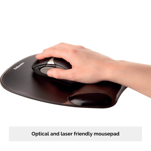 This Fellowes Crystals mouse pad features a soft gel padding with a stain resistant, wipe clean polyurethane cover. The ergonomic design supports the wrist, helping to alleviate pressure and provide comfort. The mouse pad also features a non-slip backing. This pack contains 1 mouse pad in black.