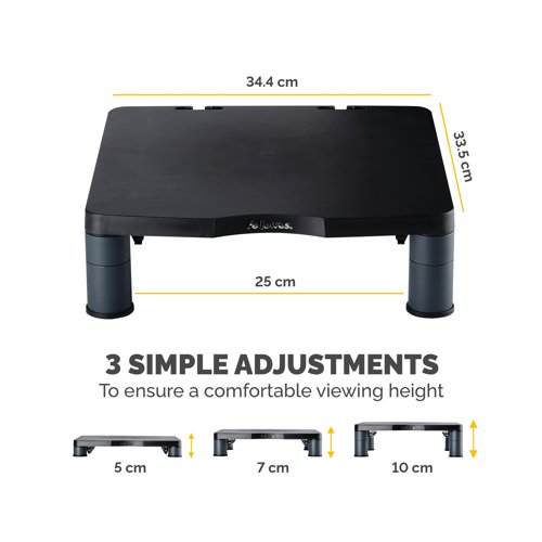 This Fellowes Standard Monitor Riser features 3 height adjustments from 50mm to 100mm with simple to use stacking columns for maximum viewing comfort. Made from 100% recycled plastic, the riser has a maximum weight capacity of 27kg and comes in Graphite.