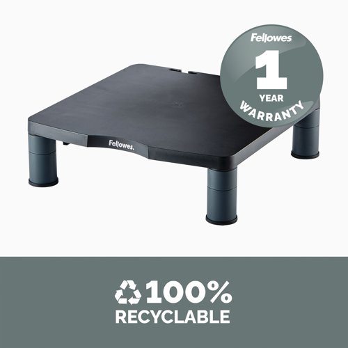 This Fellowes Standard Monitor Riser features 3 height adjustments from 50mm to 100mm with simple to use stacking columns for maximum viewing comfort. Made from 100% recycled plastic, the riser has a maximum weight capacity of 27kg and comes in Graphite.