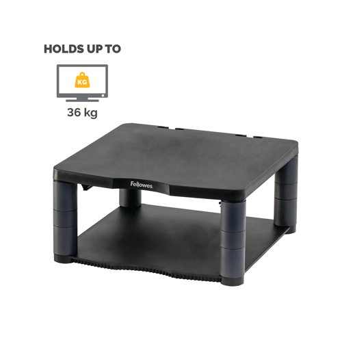 This Fellowes Premium Monitor Riser features 5 height adjustments from 64mm to 165mm with simple to use stacking columns for maximum viewing comfort. The sturdy plastic base can also be used for storage of paper, stationery or other accessories. This riser has a maximum weight capacity of 36kg for CRT or TFT/LCD monitors and comes in Black.