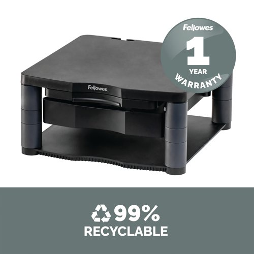 Made from 100% recycled plastic, this Fellowes Premium Monitor Riser Plus features 5 height adjustments from 64mm to 165mm with simple to use stacking columns for maximum viewing comfort. The riser also features a handy storage drawer and a built-in copyholder. This riser has a maximum weight capacity of 36kg for CRT or TFT/LCD monitors up to 21 inches and comes in Graphite.