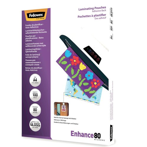 Get the best from your Fellowes laminator by using genuine Fellowes Laminating Pouches. Each pouch provides sturdy protection for A4 posters, notices, documents and more from scrapes, creases and spills. It's the ideal choice for frequently handled documents, keeping them clean and pristine for a professional look. Or make sure important notices are always visible and clear. This pack includes 100 pouches, each with a self-adhesive backing for easy attachment to walls and doors.