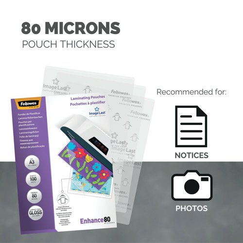 Each 160 micron pouch provides sturdy protection for A3 posters, notices, documents and photographs from scrapes, creases and spills. It's the ideal choice for frequently handled documents, keeping them clean and pristine for a professional look and to make sure important notices are always visible and clear. These premium quality laminating pouches have been designed to enhance posters, photos and more with a glossy finish. This pack includes 100 pouches.