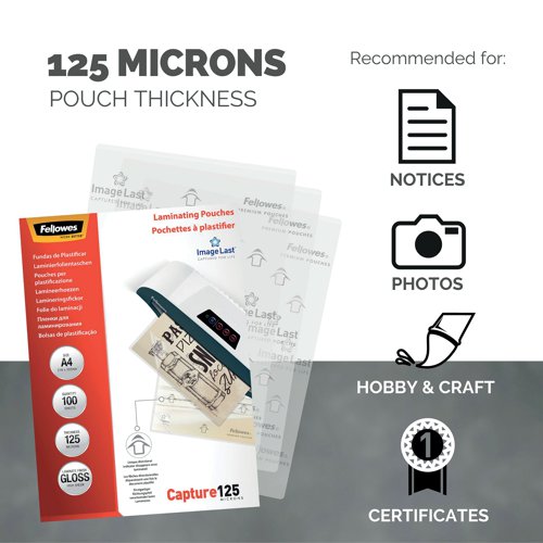Fellowes A4 Capture Laminating Pouch 250 Micron (Pack of 100) 55307401