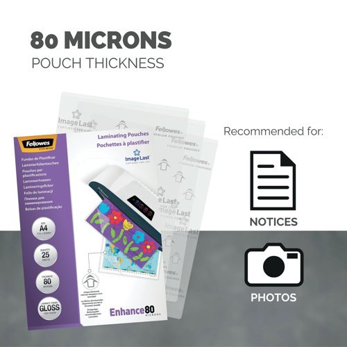With 80 micron per side, each 160 micron pouch provides sturdy protection for A4 posters, notices, documents and more from scrapes, creases and spills. They are the ideal choice for frequently handled documents, keeping them clean and pristine for a professional look and to make sure important notices are always visible and clear. These laminating pouches have been designed to enhance posters, photographss and more with a stylish and professional finish. This pack includes 25 pouches.