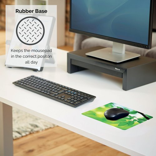 The Fellowes Earth Series Mouse Mat is optical friendly for superior tracking. With a non-skid rubber base that protects the desktop from scratches. The mouse mat with a leaf print design is durable and easy to clean. The mat has a rubber base that is made from 95% post-consumer recycled tyres.