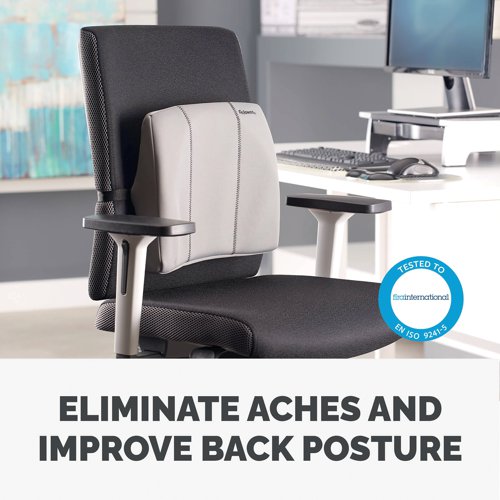 BB55642 | This Fellowes back support features a slimline design and soft touch fabric for comfort. An adjustable strap provides versatile use for a variety of chairs and users. This back support comes in Graphite with contrasting stitching and measures W332 x D78 x H310mm.