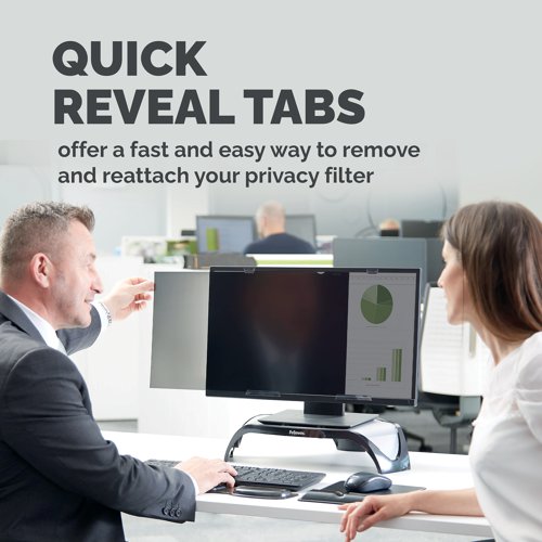 BB56057 | The Fellowes PrivaScreen Blackout Privacy Filter helps your business conform with data protection laws and prevents snoopers spying on what you're looking at on your computer. It presents a solid black reflection for viewers at the side, while remaining crystal clear for users viewing from directly in front. It also helps prevent damage to the screen, and the matte reverse side can reduce glare as well. Simple but sturdy tabs make it easy to attach and remove when needed.