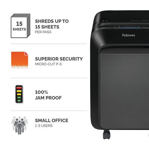 Perfect for use in the home or in smaller offices, the Fellowes LX211 is an innovative and efficient shredder. With the capability to shred 15 A4 sheets into 2 x 12mm micro-cut particles for a high security level of P-5; the LX211 has a host of intelligent features to maximise your efficiency, including Safesense technology and Sleep Mode to reduce energy consumption in addition to the Fellowes IntelliBar, providing you with in-use feedback on bin capacity and usage information. With a runtime of up to 10 minutes and a 23 litre pull-out bin, this black shredder is both easy to use and highly efficient. Next generation shredding offers unmatched productivity and 100% Jam Proof performance.