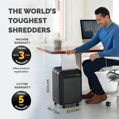 Perfect for use in the home or in smaller offices, the Fellowes LX211 is an innovative and efficient shredder. With the capability to shred 15 A4 sheets into 2 x 12mm micro-cut particles for a high security level of P-5; the LX211 has a host of intelligent features to maximise your efficiency, including Safesense technology and Sleep Mode to reduce energy consumption in addition to the Fellowes IntelliBar, providing you with in-use feedback on bin capacity and usage information. With a runtime of up to 10 minutes and a 23 litre pull-out bin, this black shredder is both easy to use and highly efficient. Next generation shredding offers unmatched productivity and 100% Jam Proof performance.
