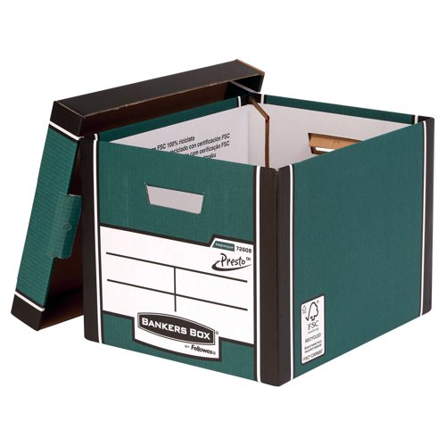 BB57832 | This environmentally friendly Fellowes premium tall storage box is made from 100% recycled board and is ideal for storing records and archiving documents. Featuring unique Presto Instant Assembly, simply push the corners together and the box is ready for use.This premium box features double ends, sides and base, for maximum stacking strength up to 6 high. These corrugated cardboard storage boxes accommodate A4 and foolscap documents, folders, lever arch files and Premium transfer files and are the perfect height for racking systems. Measures W330 x D381 x H298mm. This pack contains 5 boxes.