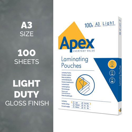 Fellowes Apex A3 Light Laminating Pouches Clear (Pack of 100) 6001901 Laminating Pouches BB58484