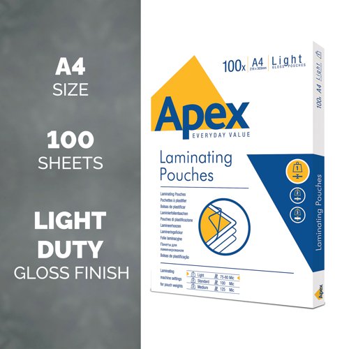 Fellowes Apex Laminating Pouches are the affordable choice for quality laminating pouches for your laminator. Use these pouches to protect documents, notices, posters and more under a tough but clear layer of plastic. Designed for light duty laminating of A4 documents, this pack contains 100 pouches.