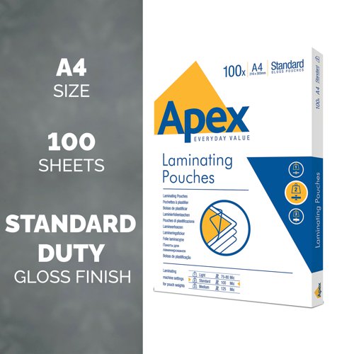 Fellowes Apex Laminating Pouches are the affordable choice for quality laminating pouches for your laminator. Use these pouches to protect documents, notices, posters and more under a tough but clear layer of plastic. Designed for standard laminating of A4 documents, this pack includes 100 pouches.