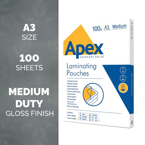 Fellowes Apex Laminating Pouches are the affordable choice for quality laminating pouches for your laminator. Use these pouches to protect documents, notices, posters and more under a tough but clear layer of plastic. Designed for medium duty laminating of A3 documents, this pack includes 100 pouches.