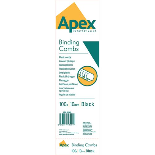 Fellowes Apex Plastic Binding Combs 10mm Black (Pack of 100) 6200501