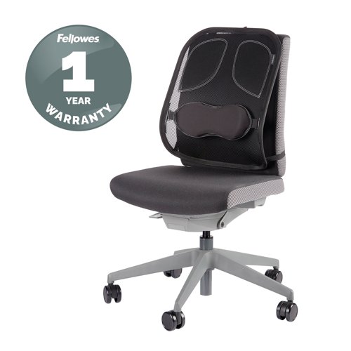 This Fellowes Professional Series Mesh Back Support helps to reduce tension associated with extended desk work. The padded full back support gently moulds to your body's natural contours and features a vertical adjustable memory foam lumber support. Suitable for use on most chairs, the tri-tensioning attachment provides a fixed, secure position and the mesh design allows air flow for increased comfort.