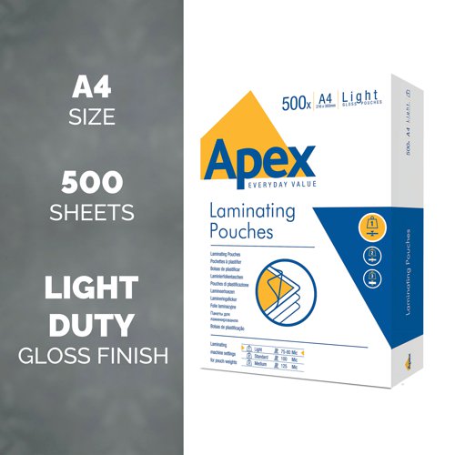 Fellowes Apex Laminating Pouches are the affordable choice for quality laminating pouches for your laminator. Use these 150 micron pouches to protect documents, notices, posters and more under a tough but clear layer of plastic. Designed for light duty laminating of A4 documents, this pack contains 500 pouches.