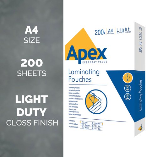 Fellowes Apex A4 Light Duty Laminating Pouch (Pack of 200) 6005301 BB62400 Buy online at Office 5Star or contact us Tel 01594 810081 for assistance