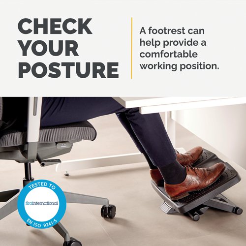 This Fellowes Professional Series Ultimate Footrest features an innovative scissor motion height adjustment with three platform height settings of 100mm, 135mm and 165mm. The foot support also features a massage surface and rocking motion to aid comfort and circulation.