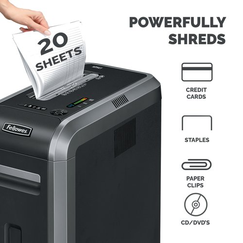 Protect sensitive personal and corporate data with the Fellowes 125Ci Cross-Cut Shredder. This powerful machine eats up confidential paperwork and turns it into tiny 3.8x38mm confetti-like particles, helping to thwart identity thieves from accessing private data. It is designed for practical office use, happily shredding up to 18 sheets at once and running for up to 45 minutes without overheating. The 49 litre bin provides plenty of space, making the 125Ci suitable for up to five users. Superior 100% Jam Proof small office shredder with slim design for shared use. 50 GBP / 60 Euros Cashback claim at www.fellowes-promotion.com.