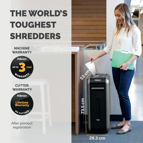 Protect sensitive personal and corporate data with the Fellowes 125Ci Cross-Cut Shredder. This powerful machine eats up confidential paperwork and turns it into tiny 3.8x38mm confetti-like particles, helping to thwart identity thieves from accessing private data. It is designed for practical office use, happily shredding up to 18 sheets at once and running for up to 45 minutes without overheating. The 49 litre bin provides plenty of space, making the 125Ci suitable for up to five users. Superior 100% Jam Proof small office shredder with slim design for shared use. 50 GBP / 60 Euros Cashback claim at www.fellowes-promotion.com.