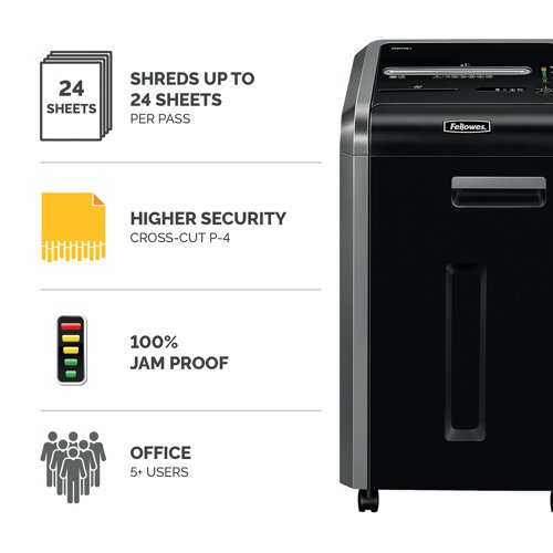 To securely dispose of sensitive data, trust in the Fellowes 225Ci Cross-Cut Shredder. This capable device cross-cuts up to 24 sheets at once into 3.9x38mm particles, making it significantly more difficult for thieves to steal confidential information. This shredder is designed to be extra safe, stopping immediately if hands get too near the shredding mechanism. It is also designed to work silently, meaning that you don't have to disrupt an entire office when using it.