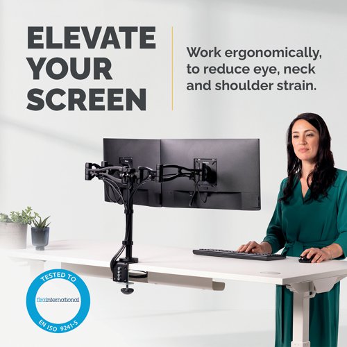This Fellowes Professional Series Dual Monitor arm can hold 2 monitors up to 24 inches and has a maximum weight capacity of 10kg. The arm is adjustable for optimum viewing comfort and features an integrated cable management system for organisation. The dual monitor arm can be mounted using a clamp or grommet.
