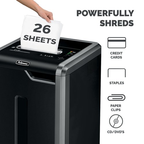 The Fellowes Powershred 325i Strip-Cut Shredder really packs a punch, powering through up to 26 sheets of paper at a time as well as staples, credit cards, paper clips, CDs and DVDs. A sleek and stylish shredder with clever safety and energy-saving features, this is the perfect addition to any small office environment. The huge capacity 83 litre pull-out bin, 240mm throat width and patented 100% Jam-Proof System ensure continuous shredding without jamming or overfilling.