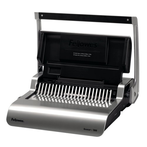 Designed for use by all, the Fellowes Quasar+ 500 is the easy way to create professional-looking bound documents. Use it to punch up to 20 sheets at once and then bind documents up to 500 pages with a flexible and lightweight plastic comb spine. It's designed for continuous operation for the highest possible productivity. The smart design includes adjustable guides, a document measurement tool and a storage tray for spare combs.