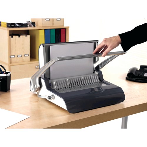 Designed for use by all, the Fellowes Quasar+ 500 is the easy way to create professional-looking bound documents. Use it to punch up to 20 sheets at once and then bind documents up to 500 pages with a flexible and lightweight plastic comb spine. It's designed for continuous operation for the highest possible productivity. The smart design includes adjustable guides, a document measurement tool and a storage tray for spare combs.