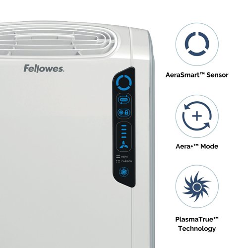 Keep your rooms allergen free with this AeraMax DX55 air purifier from Fellowes. This model actively captures 99.97% of airborne particles including pollen, dust mites and mould spores, amongst others. The built-in AeraSafe feature protects from the growth of odour causing bacteria and the AeraSmart technology monitors the air quality and displays the quality of your air using blue, amber and red lights. Aera+ maintains optimum allergy condition and increases air flow by up to 50% as necessary.