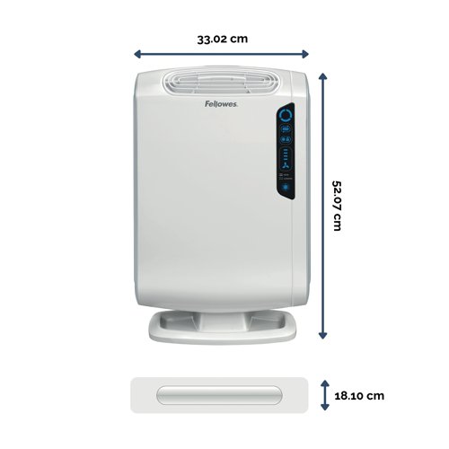 Keep your rooms allergen free with this AeraMax DX55 air purifier from Fellowes. This model actively captures 99.97% of airborne particles including pollen, dust mites and mould spores, amongst others. The built-in AeraSafe feature protects from the growth of odour causing bacteria and the AeraSmart technology monitors the air quality and displays the quality of your air using blue, amber and red lights. Aera+ maintains optimum allergy condition and increases air flow by up to 50% as necessary.