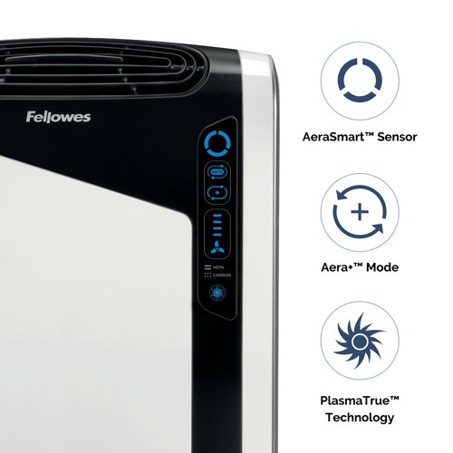 Keep your rooms allergen free with this AeraMax DX95 air purifier from Fellowes. This model actively captures 99.97% of airborne particles including pollen, dust mites and mould spores, amongst others. The built-in AeraSafe feature protects from the growth of odour causing bacteria and the AeraSmart technology monitors the air quality and displays the quality of your air using blue, amber and red lights. Aera+ maintains optimum allergy condition and increases air flow by up to 50% as necessary.
