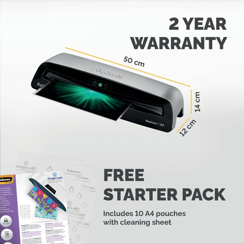 Making sure that your documents last for a long time without any damage to their quality, the Fellowes Neptune 3 Laminator is perfect for all workplaces. Automatically registering the laminating pouch thickness, the machine adjusts itself accordingly to ensure a smooth and blemish free surface. When using Fellowes pouches, the machine is guaranteed to be 100% jam free, meaning that there is never any hold up or disruption of the laminating process.