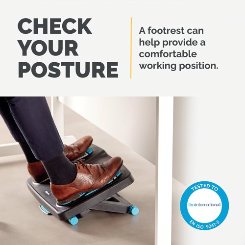 This Fellowes Energizer Footrest features a unique design inspired by Reflexology mapping. Energising rubber foot pads offer various massage textures and contours targeting pressure points on the feet. The footrest has an iIntuitive rocking motion that helps improve circulation and reduce fatigue. The design encourages correct positioning of feet and relieves lower back pressure and improves posture by elevating the feet and legs.