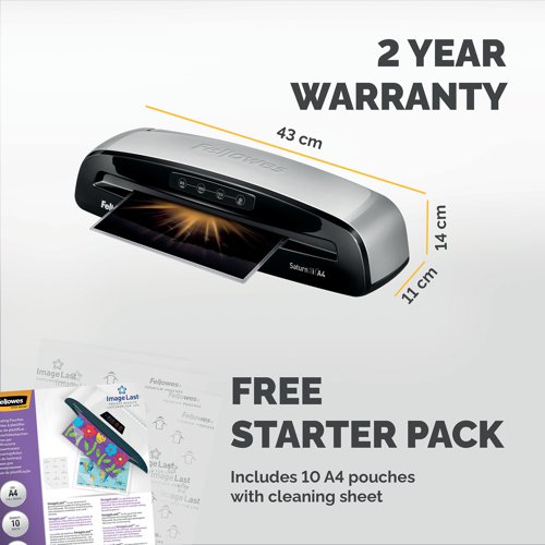 Designed for regular use in small office environments, the Saturn 3i A4 Laminator from Fellowes is ready to laminate in just 60 seconds thanks to InstaHeat technology, and can laminate documents up to A4 size and up to 125 microns thick at a speed of 30cm per minute. It is fitted with an auto feed sensor, which indicates when a document has been misfed and shuts down the lamination process, allowing for retrieval and re-alignment, and an auto shut off feature which comes into effect after 30 minutes of inactivity, reducing energy consumption. Includes a 10 pouch laminating starter kit.