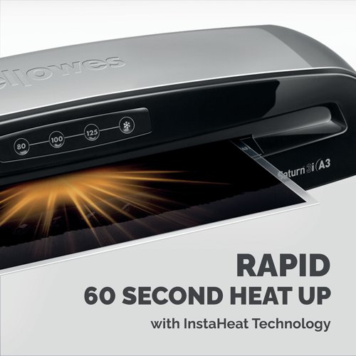 Designed for regular use in small office environments, this Saturn 3i A3 laminator from Fellowes is ready to laminate in just 60 seconds thanks to InstaHeat technology, and can laminate documents up to A3 size and up to 125 microns thick at a speed of 30cm per minute. It is fitted with an auto feed sensor, which indicates when a document has been misfed and shuts down the lamination process, allowing for retrieval and re-alignment, and an auto shut off feature, which comes into effect after 30 minutes of inactivity, reducing energy consumption. Includes a 10 pouch laminating starter kit.